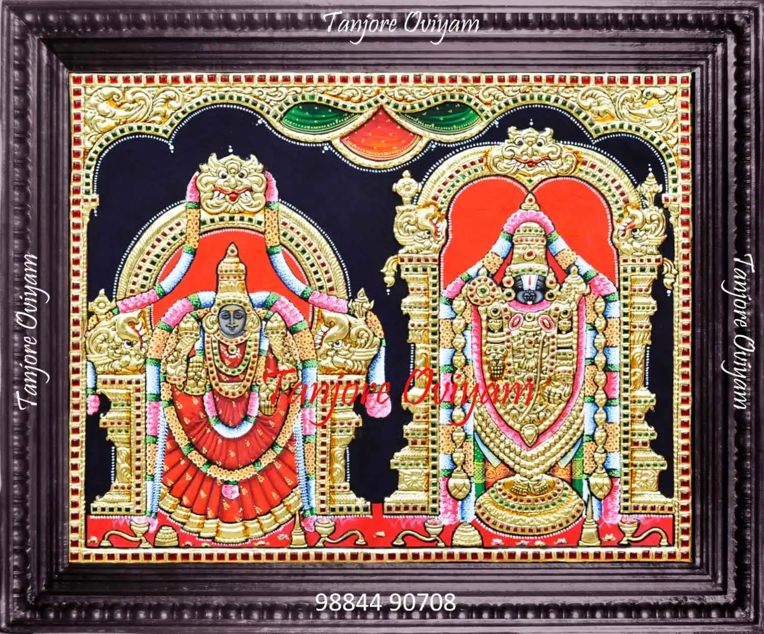 Traditional Thayar Balaji Tanjore painting with classic gold, temple-style arches and heritage detailing